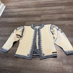 Dale of Norway Cream and Blue Embroidered Knit Cardigan